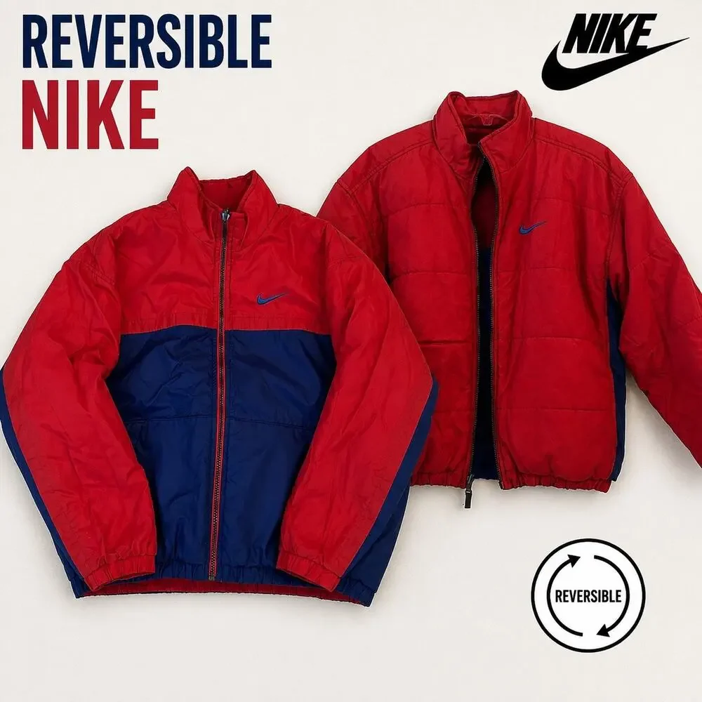 Nike Boys Reversible Puffer Jacket Red Blue Full Zip Coat Youth XL
